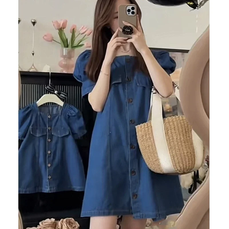 Mom Daughter Couple Look Denim Dress Mother and Girls Matching Equal Clothes Women Summer Blue Dresses Mommy and Baby Clothing