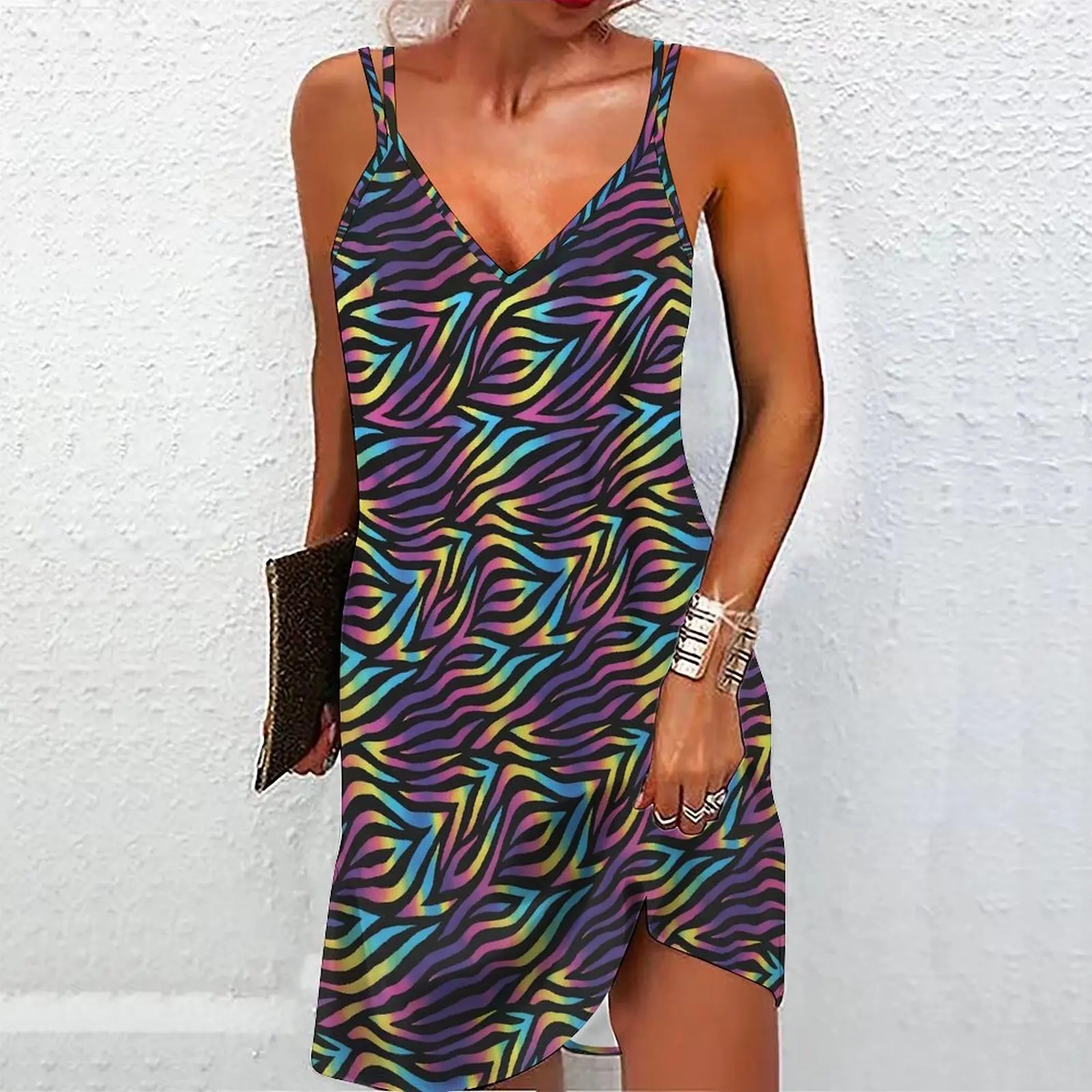 Women Spaghetti Strap Mini Dress Colorful Paint Splash Print Deep V Neck Side Slit Sleeveless Casual Summer Party Slip Dress
