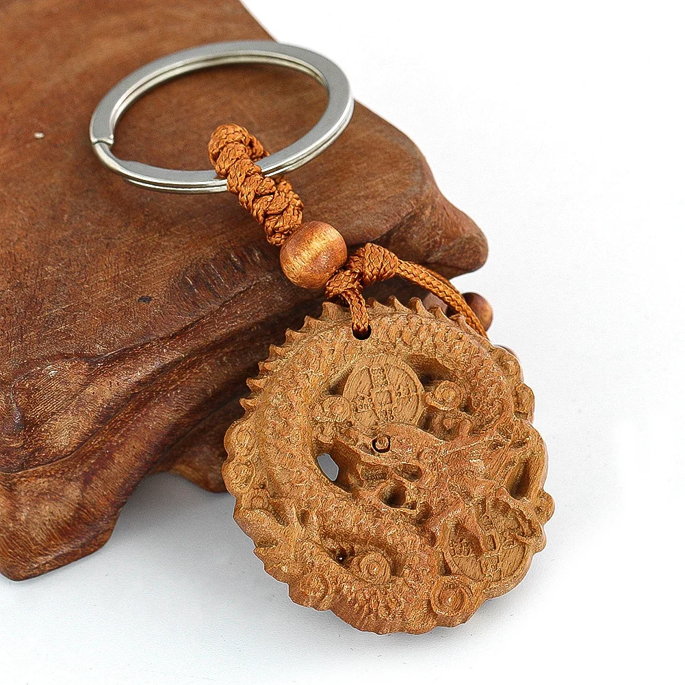 Holzgeschnitzte Drachenfigur Schlüsselanhänger Chinesische Lange Handwerkskunst Schlüsselring zur Schlüsseldekoration Amulett Schmuckzubehör – Detail 4
