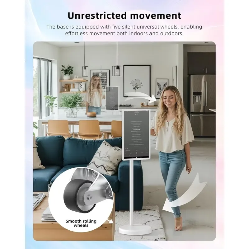 32 Inch Smart TV Stand Mobile Floor Standing LED Display Screen Por Vertical Touch For Indoor Outdoor Use White