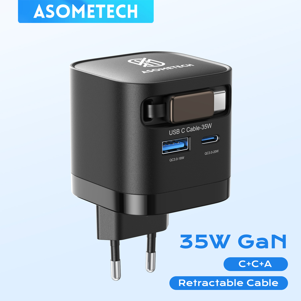 35W GaN USB Charger with Type C Retractable Cable 3 Port QC3.0 PD3.0 PPS Fast Charger for iPhone 16 15 14 Samsung Xiaomi Tablet 