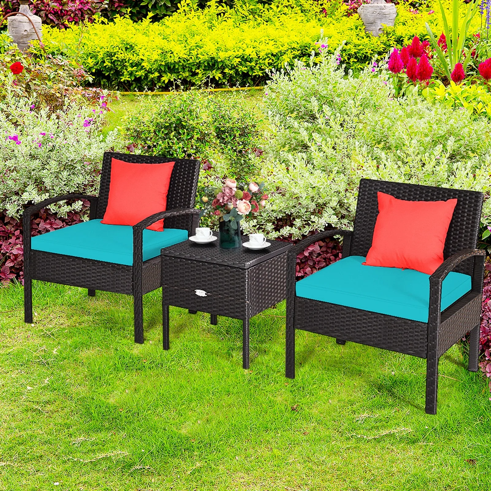 3PCS Rattan Patio Conversation Furniture Set w/ Storage Table Turquoise Cushion