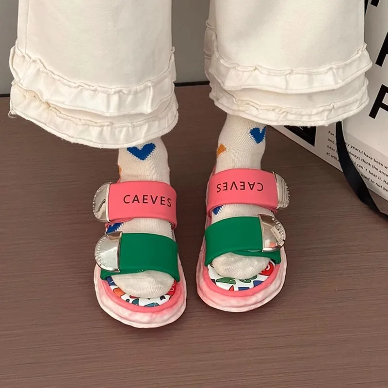Thick Platform Slippers Women 2026 Summer New Hook-and-loop Double Strap Outdoor Slippers Sandals