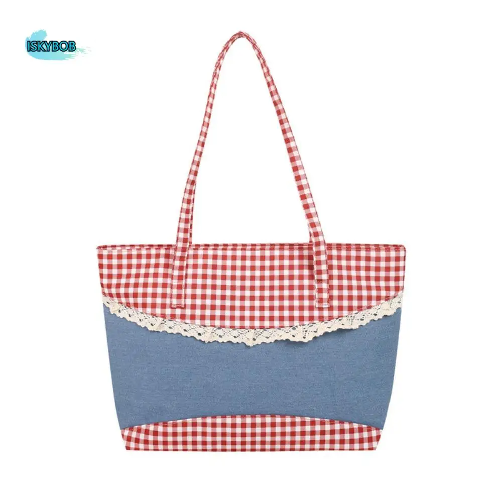 

Retro Lattice Lace Bow Shoulder Bag Rural Style Leisure Denim Plaid Handbag Vintage Lovely Commuting Tote Bag Outdoor