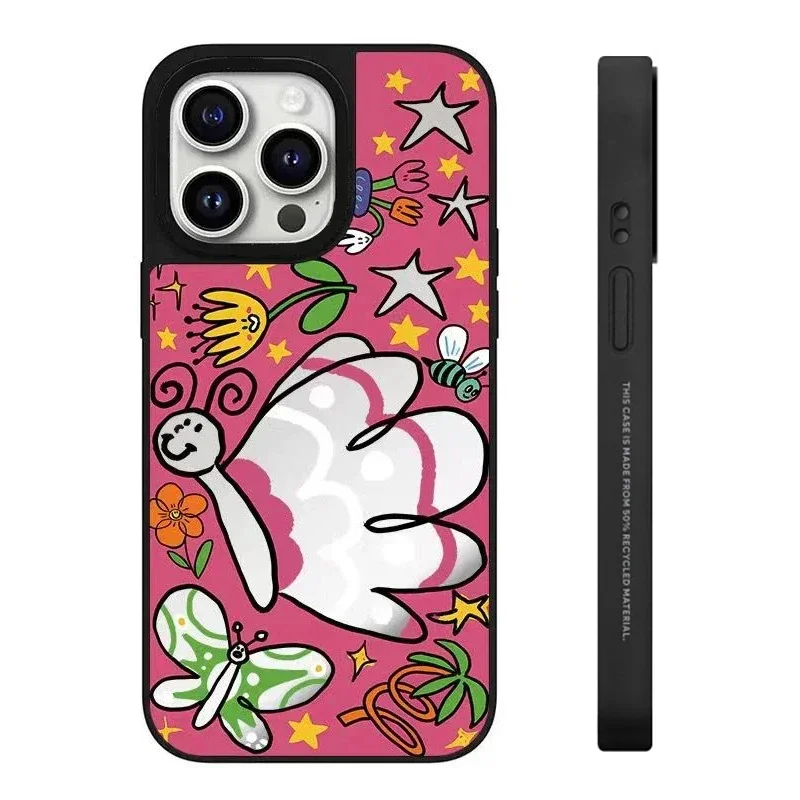 Mirror Surface Butterfly Girl Pig Cartoon iPhone 11 12 13 14 15 Pro Max Protective Case, Fits iPhone 15 Pro Max