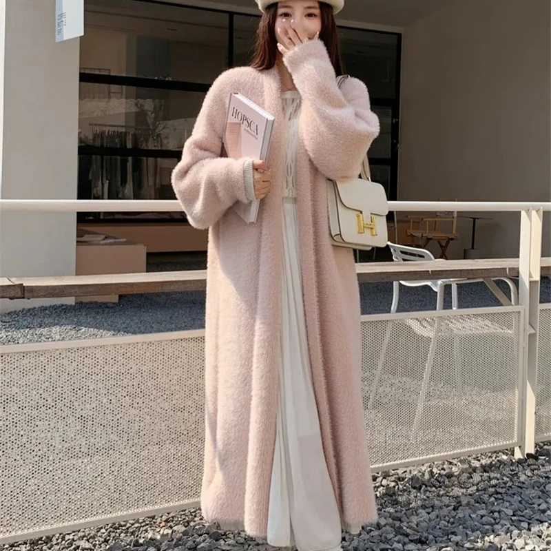 2024 Autumn Winter Loose Lazy Style Ankle Length Thickened Pure Imitation Mink Fleece Knitted Sweater Coat Long Cardigan Women