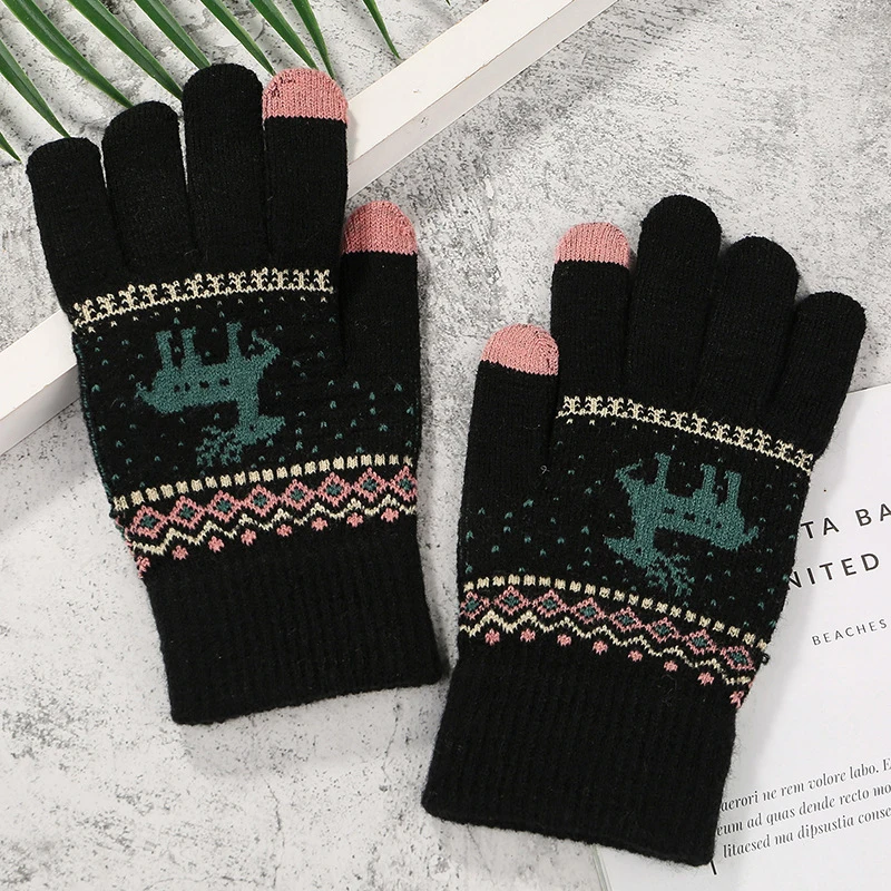 Winter Warm Knitted Gloves Men Women Elk Crochet Thicken Gloves Touch Screen Stretch Mittens Imitation Wool Full Finger Guantes