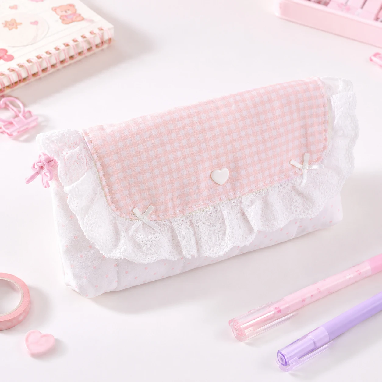 Pink Gingham Ruffle Pencil Pouch Heart Snap Smooth Zipper Stationery Bag for Teen Girls Students School Daily Makeup Storage