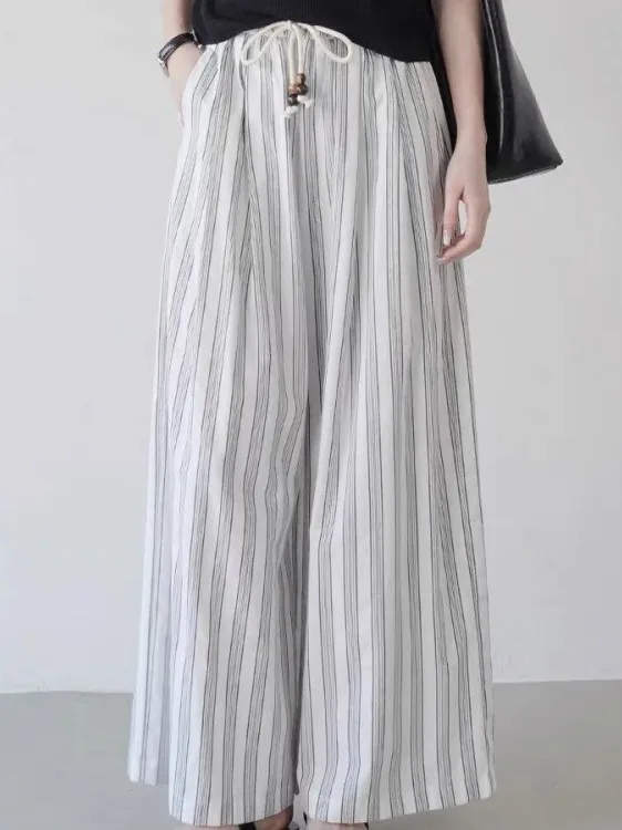 Pantaloni larghi a gamba larga da donna Estate 2025 New Faion Agel Dstring Pantaloni casual a righe coreani Sle Trendy Pendolarismo Vento