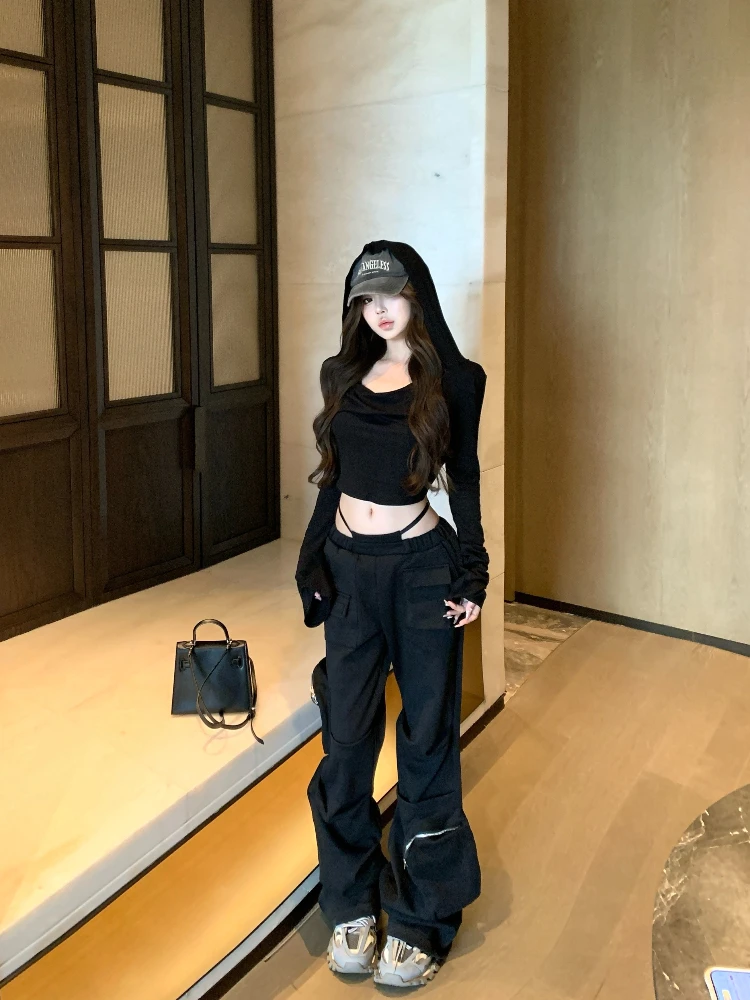 

American style spicy girl hooded long sleeved T-shirt women's summer patchwork workwear casual pants black two-piece set