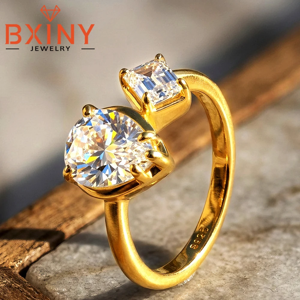 BXINY 2-Stone Moissanite Ring 925 Sterling Silver for Women Pear/Emerald Cut Diamond Wedding Band Jewelry Gifts with Certificate