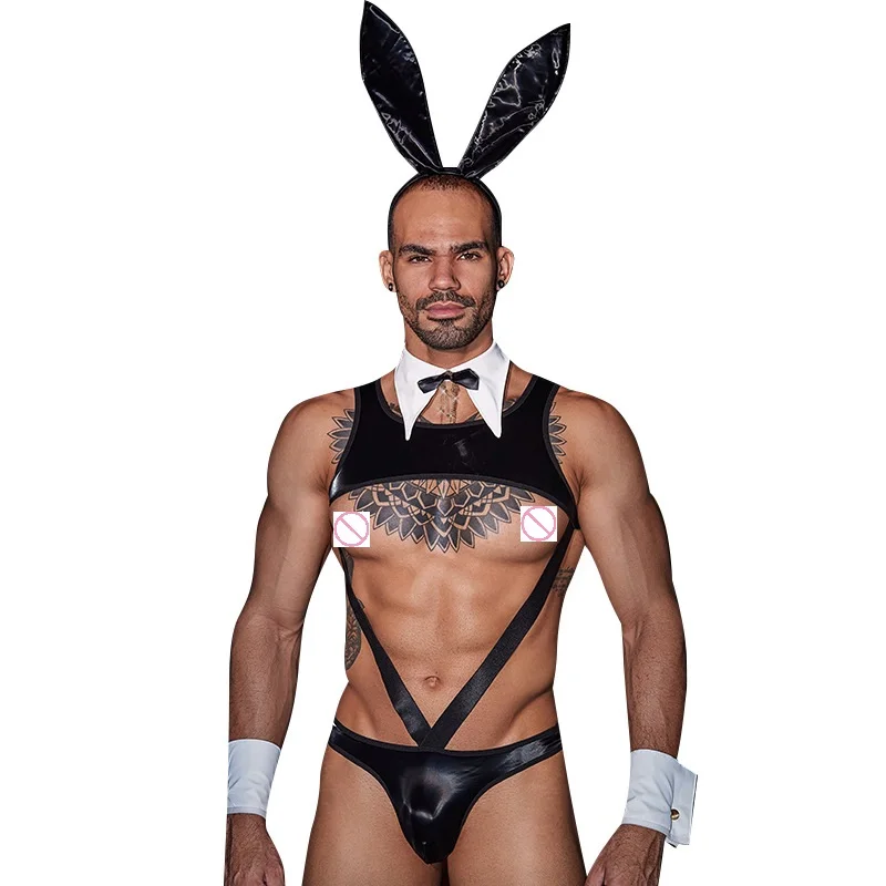 New Design Men's Naugty Hollow Out Roleplay Bunny Waiter Lingerie Bodysuit Male Night Club Play Costumes Gay Fliter Cosplay Wear