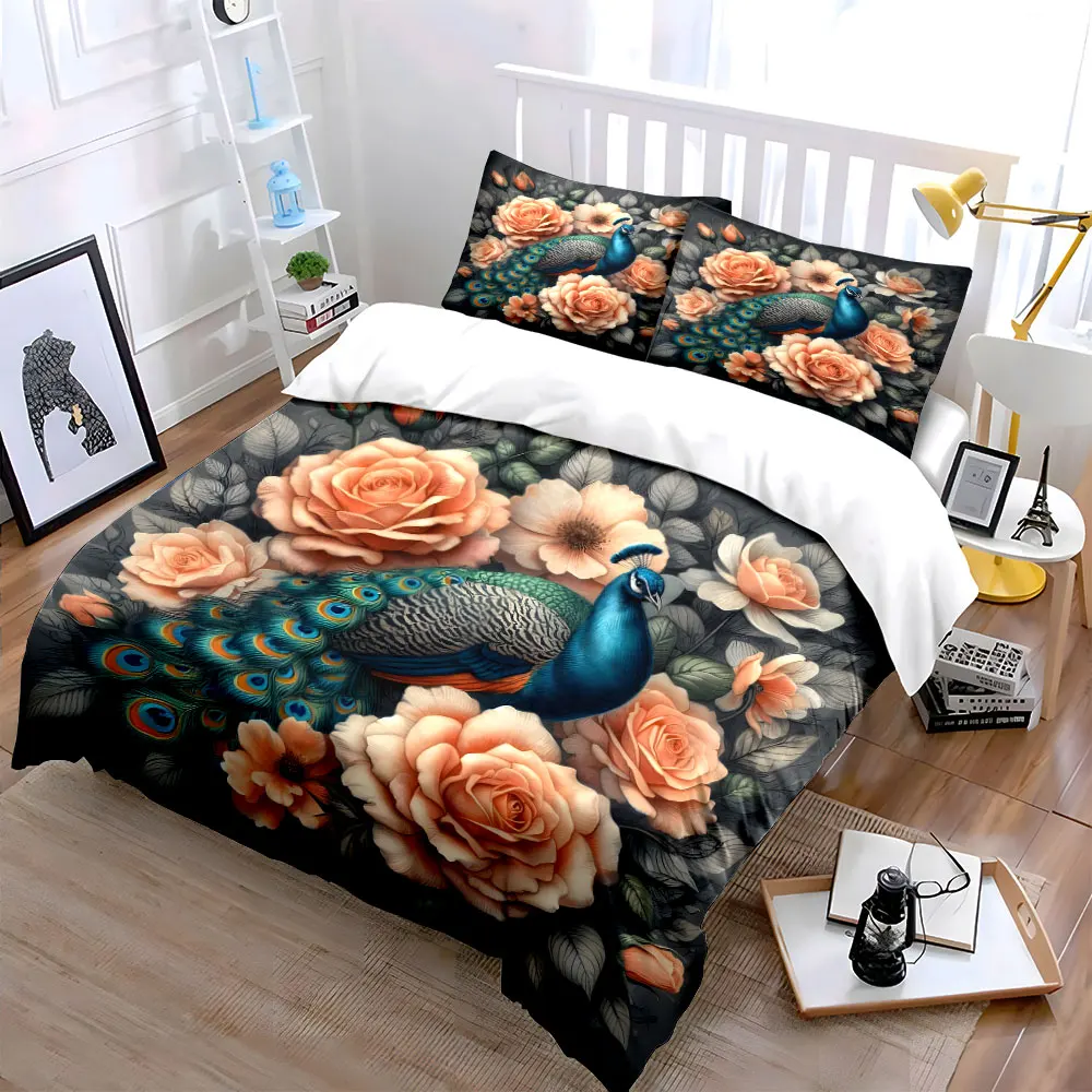 Elegant Peacock with Blooming Roses Print Bedding Set 1 Duvet Cover 2 Pillowcases for Adult and Children Luxury Gift Full Size