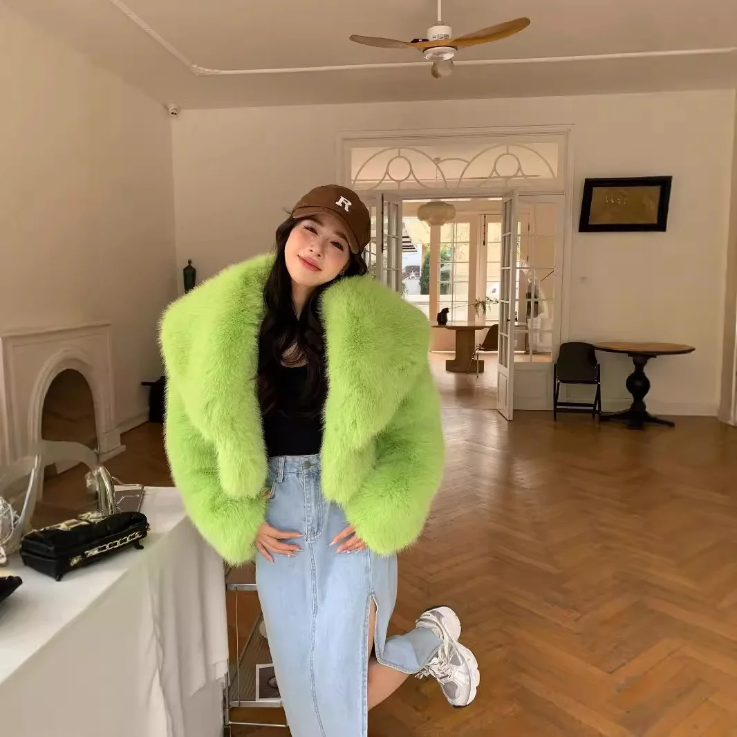 Fluorescent Green Environmentally Friendly Fox Fur Jacket Women Short Korean Fluffy Fur Warm Jacket for Women