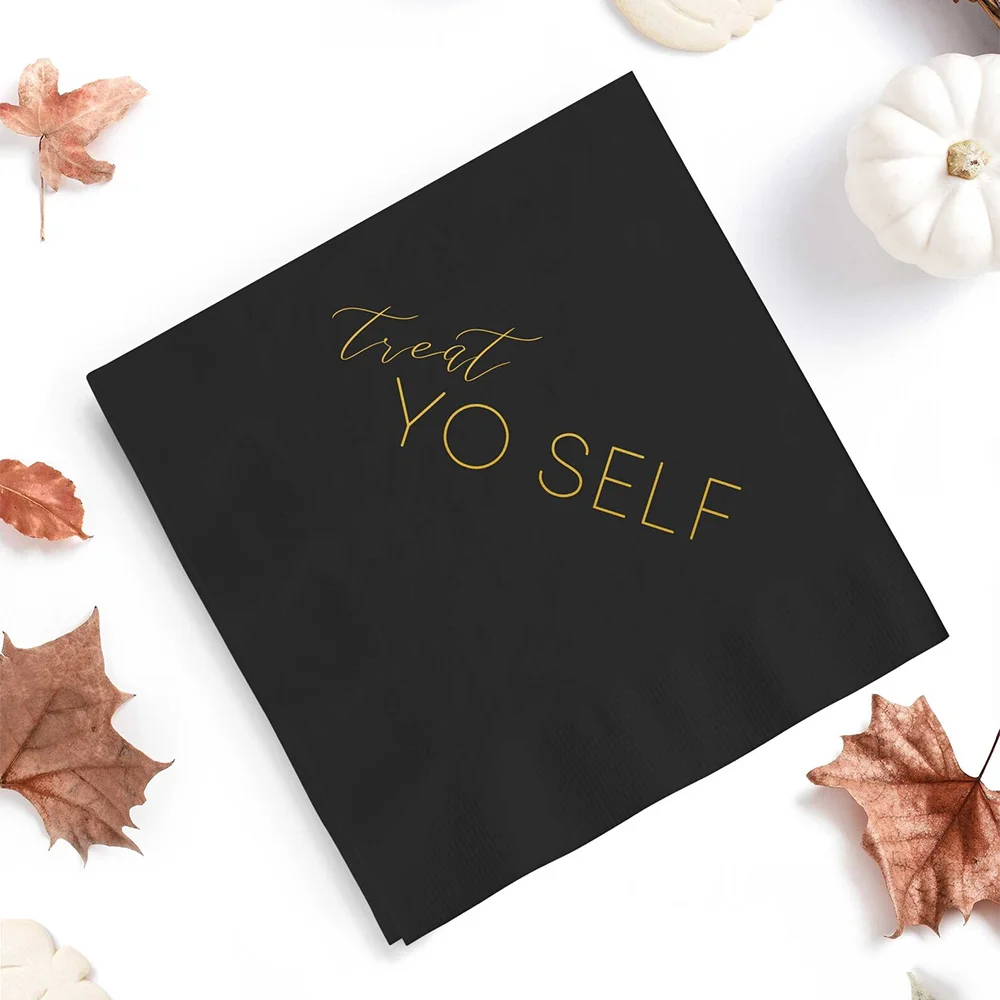 

20pcs Treat Yo Self Black Napkins Halloween Party Drink Napkin Table Decoration Accessories for Wedding Birthday Dinner Cocktail