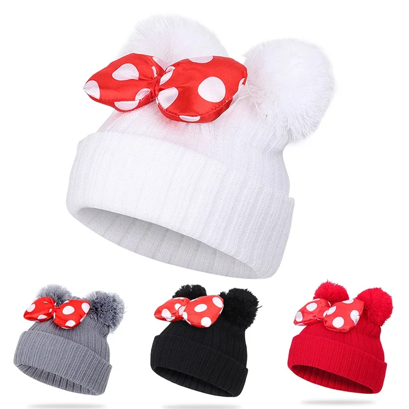 

Sweet Dot Bow Baby Beanies Autumn Winter Warm Knitted Pullover Hat Kids Solid Color Pompom Woolen Cap