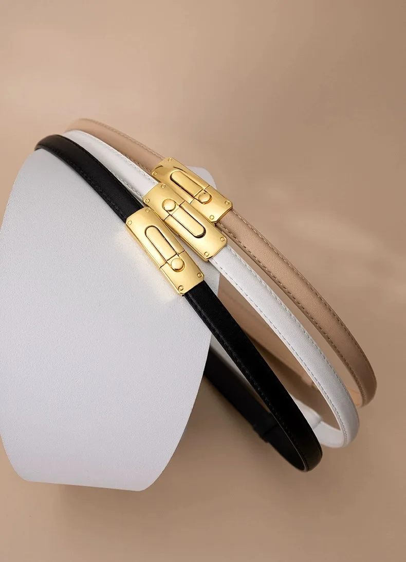 Ceinture fine en cuir véritable pour femmes, ceinture de créateur élégante pour filles, ceinture réglable pour robes et jeans féminins, structure dorée de luxe