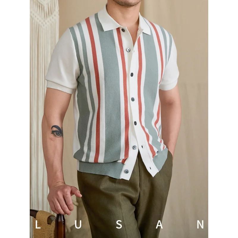 

Summer Men's Slim Fit Striped Short Sleeve Knit Shirt, Commuting Fashion Casual Breathable Turn-down Collar Thin Cardigan