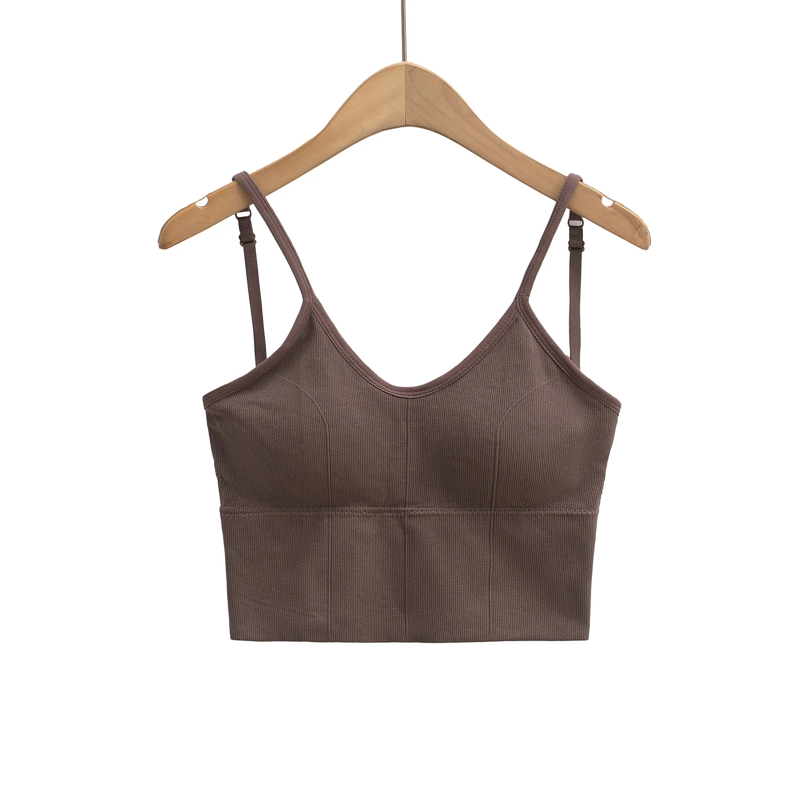 4 kolory 2025 Sexy With Pad Rib Knitting Cotton Camisole Camis Women Summer Yoga Bra Base Tank Tops Girl Slim Crop Top brown