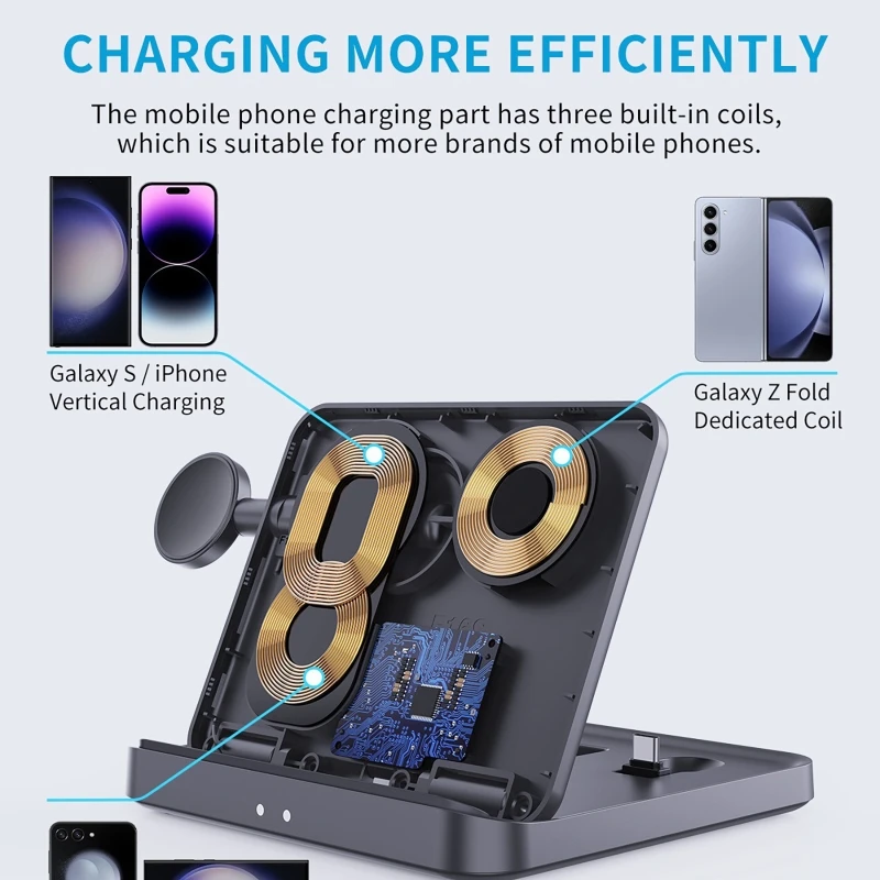 3-in-1-ポータブルデスクトップ充電器。折りたたみ式で、ワイヤレス急速充電が可能。折りたたみ式のスマートフォン、イヤホン、スマートウォッチに対応。
