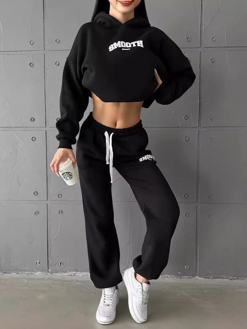 

Повседневный комплект с капюшоном и брюками с буквенным принтом, женский комплект Long Sve, свободный крой, осенний эксклюзивный онлайн-комплект из двух предметов