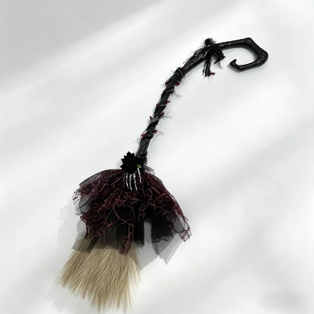 Deluxe Gothic Style Witch Broom Black Tulle Plastic Material Cosplay Props Red Rose Lolita Style Magic Wand Carnival Dress Up