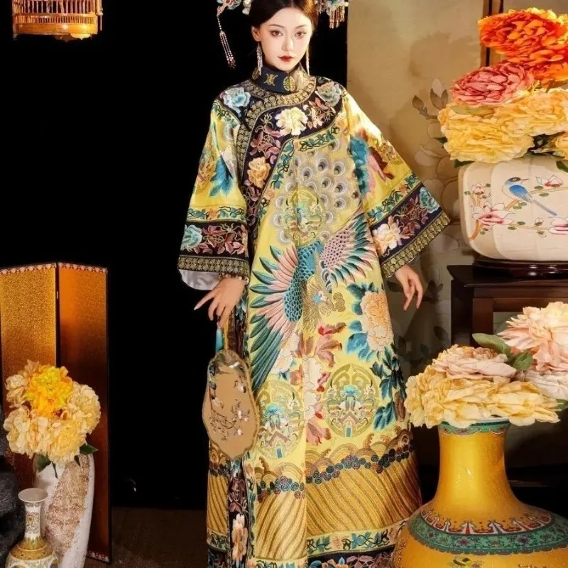 Robe traditionnelle chinoise de la dynastie Qing pour femme, imprimé paon rose, manches larges, col montant, Cheongsam, robe médiévale