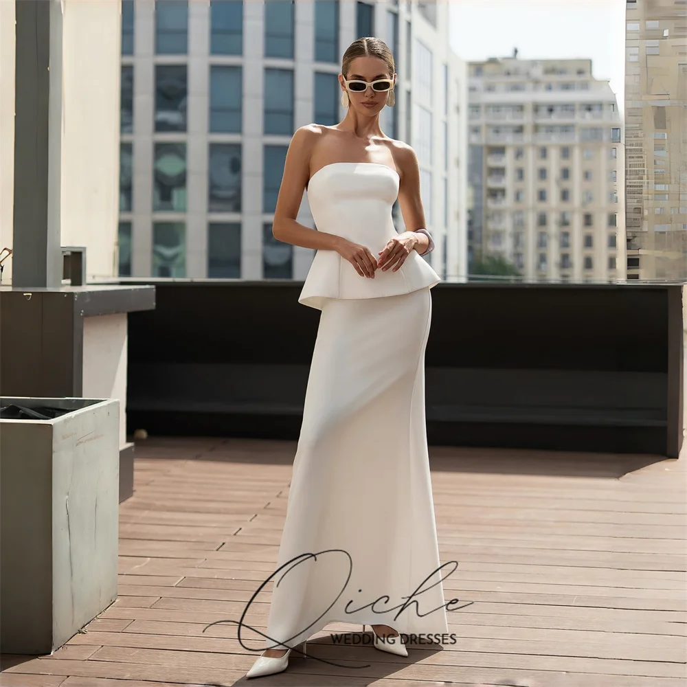 QICHE Simple Sheath Strapless Wedding Dress Women Sleeveless Open Back Evening Dress Bridal Gown Vestidos De Noiva Customized