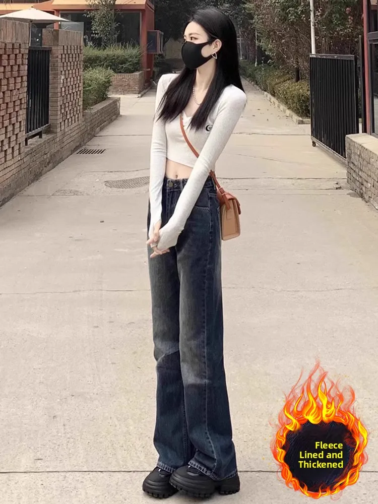 

Американские ретро расклешенные джинсы с подкладкой, женские свободные леггинсы больших размеров с высокой талией, облегающие брюки-копыта