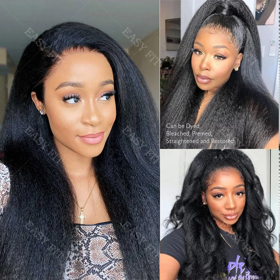 ナチュラルカラー 100%人毛 3 in 1 ハーフウィッグ キンキーストレート 18～34インチ ドローストリング シームレスクリップ フルマシンメイド ハーフウィッグ