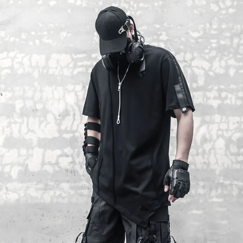 Designer Dark Personality Split Half Sleeve Techwear Top Fashion Hem Irregular Short-Sleeved Casual T-shirt Men