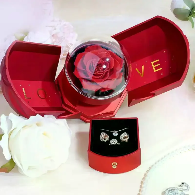 

Surprise Flower Jewelry Box - Mysterious Unboxing with Rose Gold Dried Flowers Hidden Love Drawer Luxury Birthday Gift for H