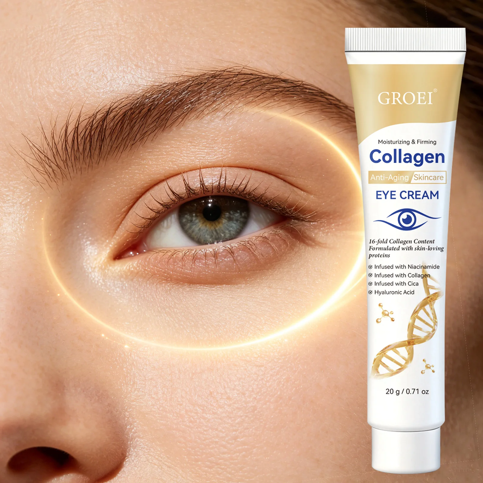 GROEI Collagen Firming Eye Cream 20g, Anti-Aging Under Eye Moisturizer with Niacinamide, Cica, Hyaluronic Acid & Caffeine, Hydrating Eye Skin Care for Fine Texture