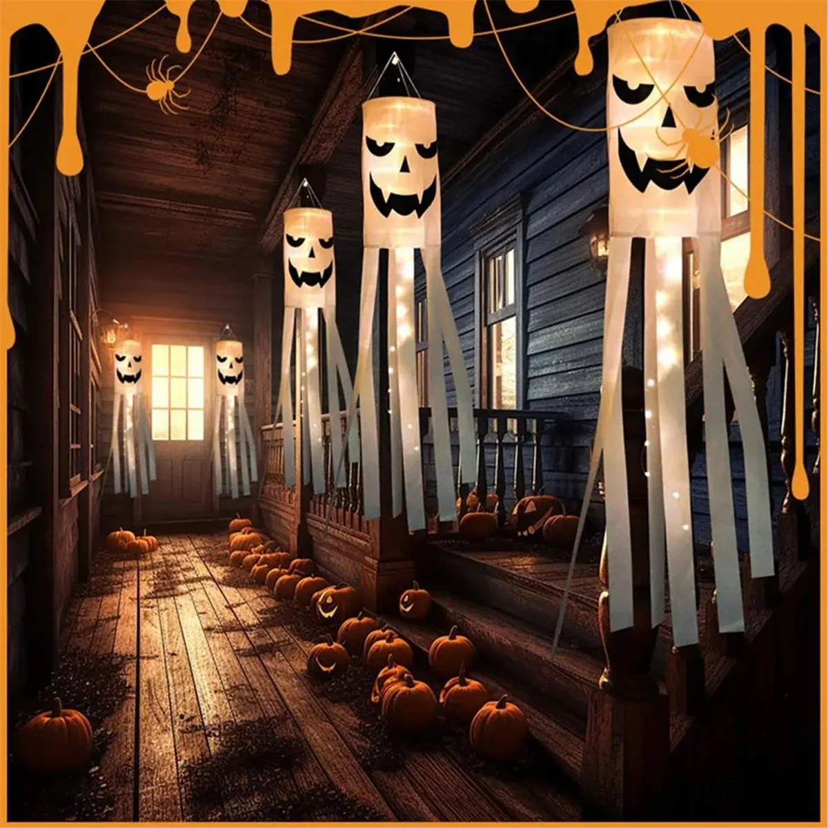 Ghost Windsock Spooky Flying Ghost Halloween LED Lighting Partys Supplies with 3 Lighting Modes Halloween Decorations