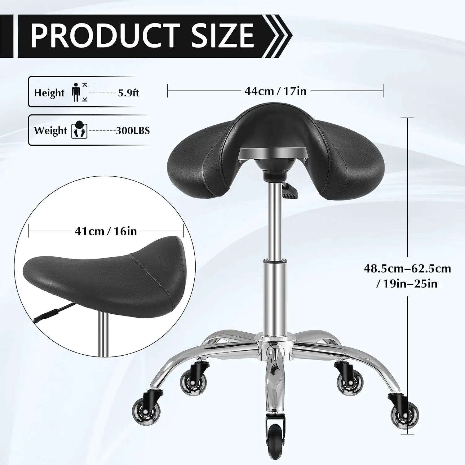 SALONFACTORY Saddle Stool with Wheels 300 lbs Weight Capacity, Heavy Duty Rolling Stool for Medical Massage Salon Kitchen Spa Dr