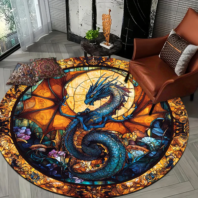 Stained Glass Dragon & Floral Round Rug – Machine Washable Polyester Mat for Living Room, Hallway & Studio Decor