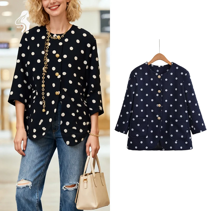 

Женская куртка с круглым вырезом, однобортная, в горошек, с рукавом три четверти, модная и универсальная осенняя предмета Essential