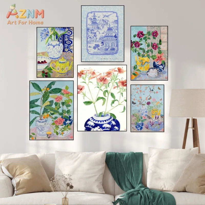AZNM Chinoiserie Blue White Porcelain Vase Floral Canvas Print Oriental Landscape Flower Art Home Living Room Decor Unframed Can