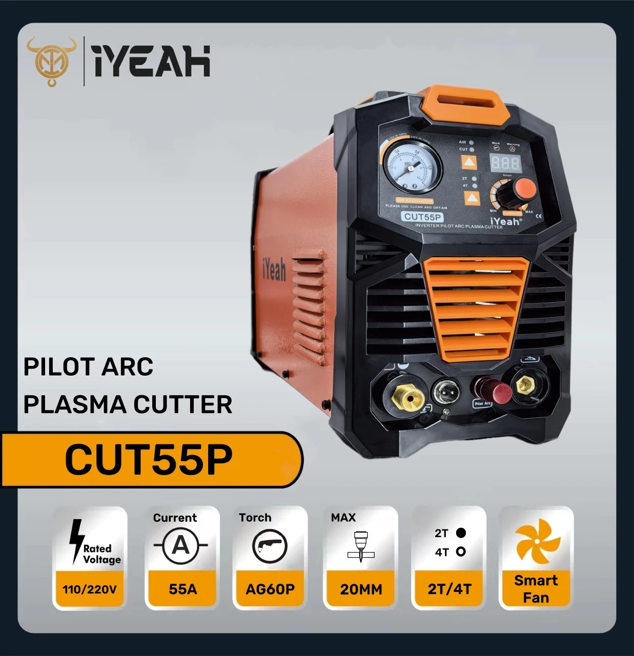 Plasma Cutter CUT55P HF Pilot Arc iYeah 110V/220V 55A Plastic Air Cutting Welder Machine With AG60P Torch MAX Cutting 20mm