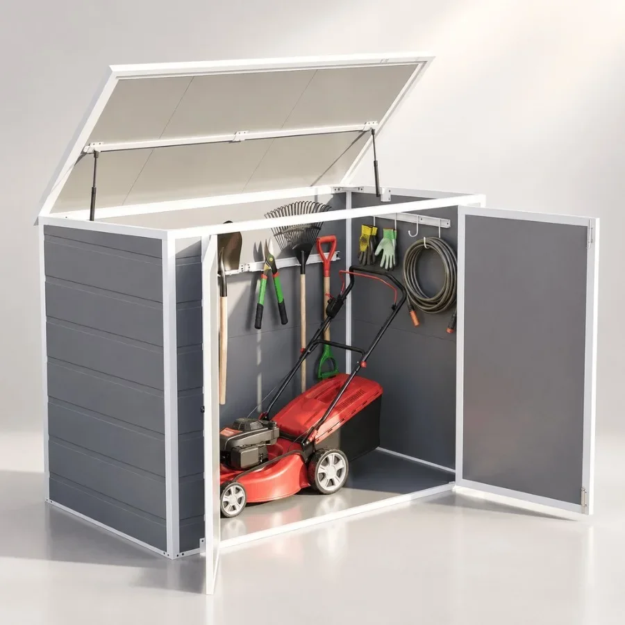 Outdoor storage shed for trash cans and garden tools, 42 cu ft capacity, resin material, gray color, weather-resistant and lock
