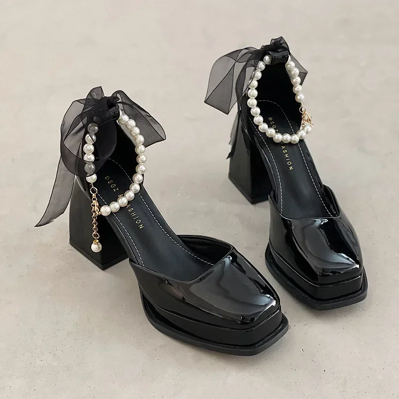 

Vintage High Heels Mary Jane Shoes for Women Patent Leather Platform Pumps Woman Pearls Chain Thick-Heeled Shoes Female