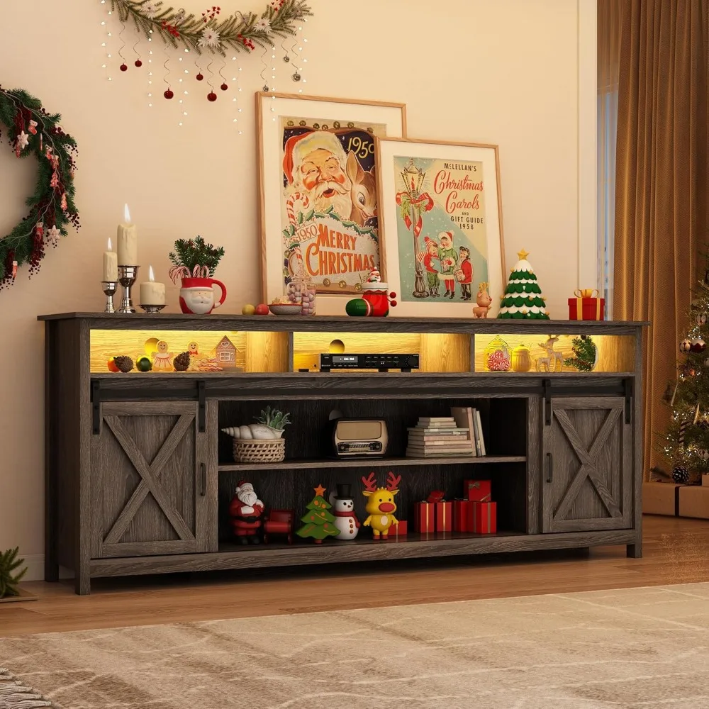 مركز ترفيه أنيق طويل القامة مع باب حظيرة منزلق لأجهزة التلفاز مقاس 90/85/80 بوصة، يتميز بخزائن تخزين مضيئة بإضاءة LED وP