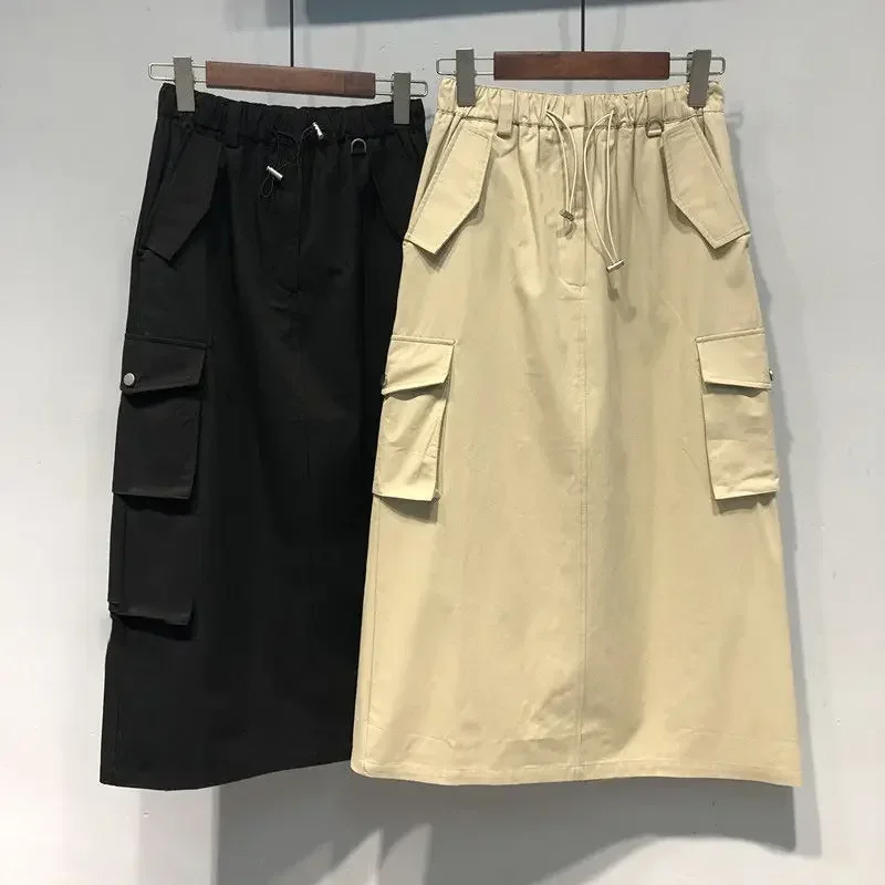 

Cotton Full Length Skirt Black Elastic Waist Y2k Skirts Cargo Skirts for Women Spring Summer Drawstring Girls Long Skirt