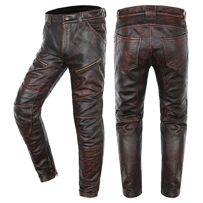 

New Motorcycle Genuine Leather Pant Men's Thick Cowhide Vintage Brown Trousers For Men High Quality Moto Biker Slim Pants