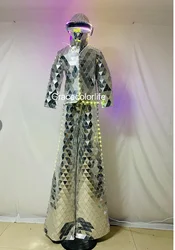 Disfraz de Robot con espejo, traje de andador con zancos rojos, plata, oro, led, para DJ, actuación, espectáculo, fiesta de baile, gran oferta, 2024