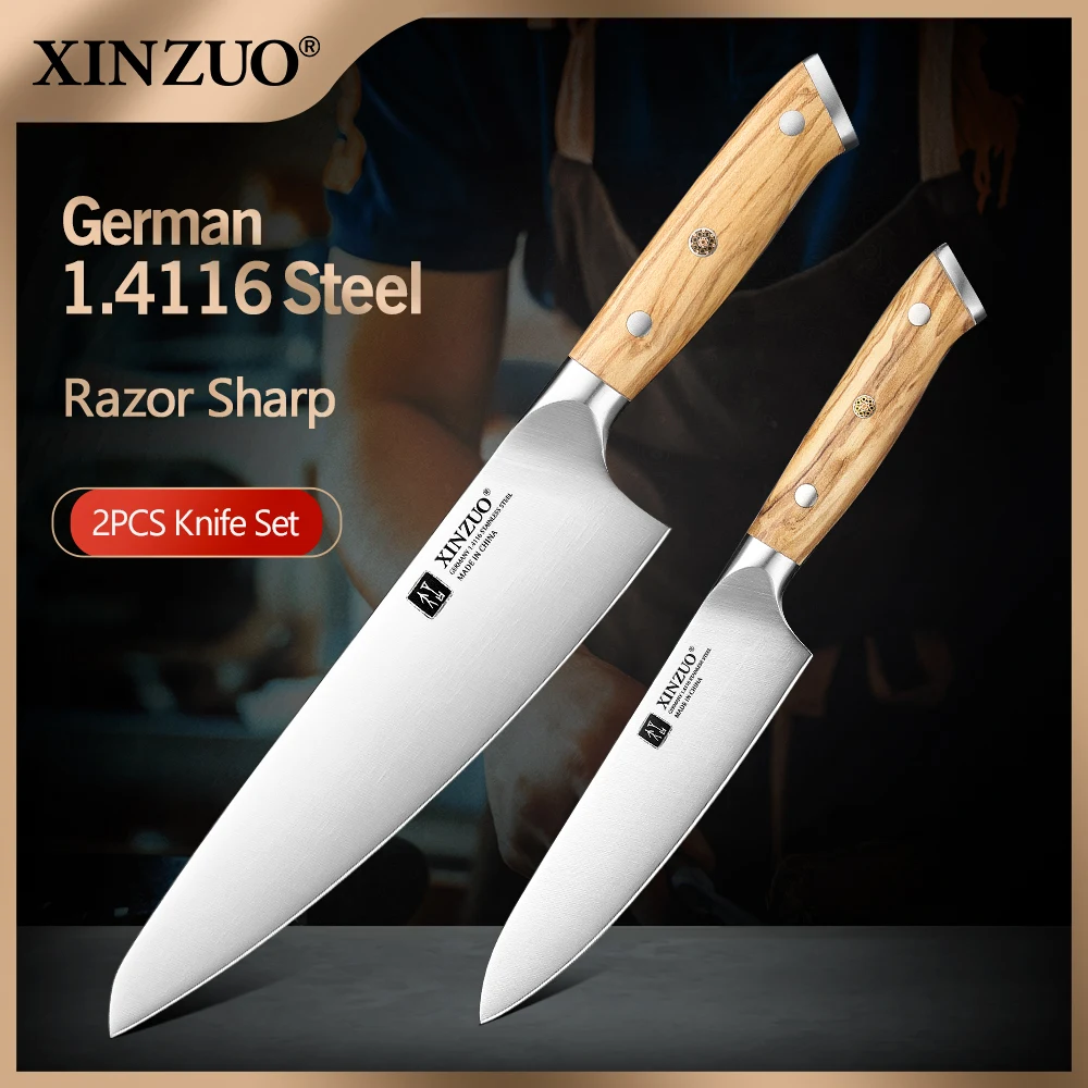 XINZUO 1PC-2PC Choice German DIN 1.4116 Steel Knife Set Chef Utility Knives 56HRC 15° Edge Olive Wood Handles Polished Finish