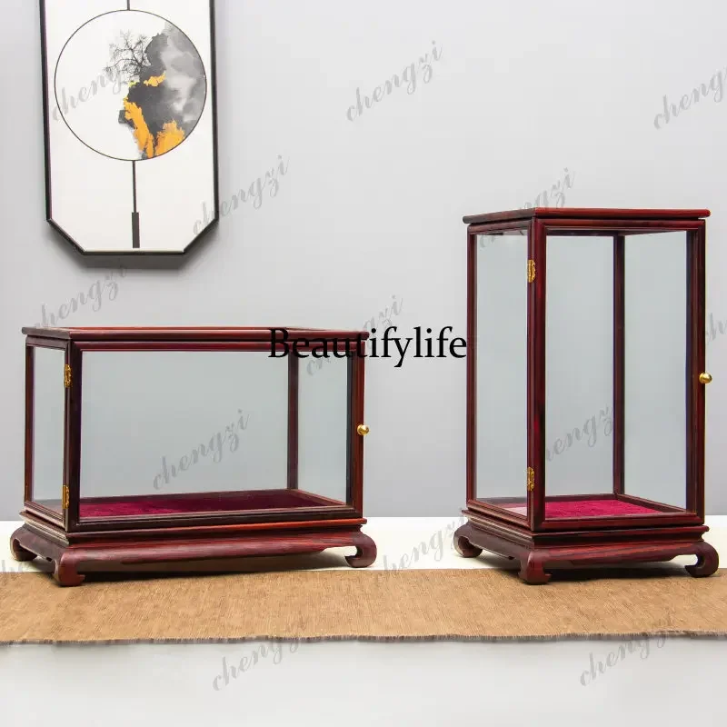 A74Mahogany handicrafts, ornaments, glass cover, dust cover, transparent display box.