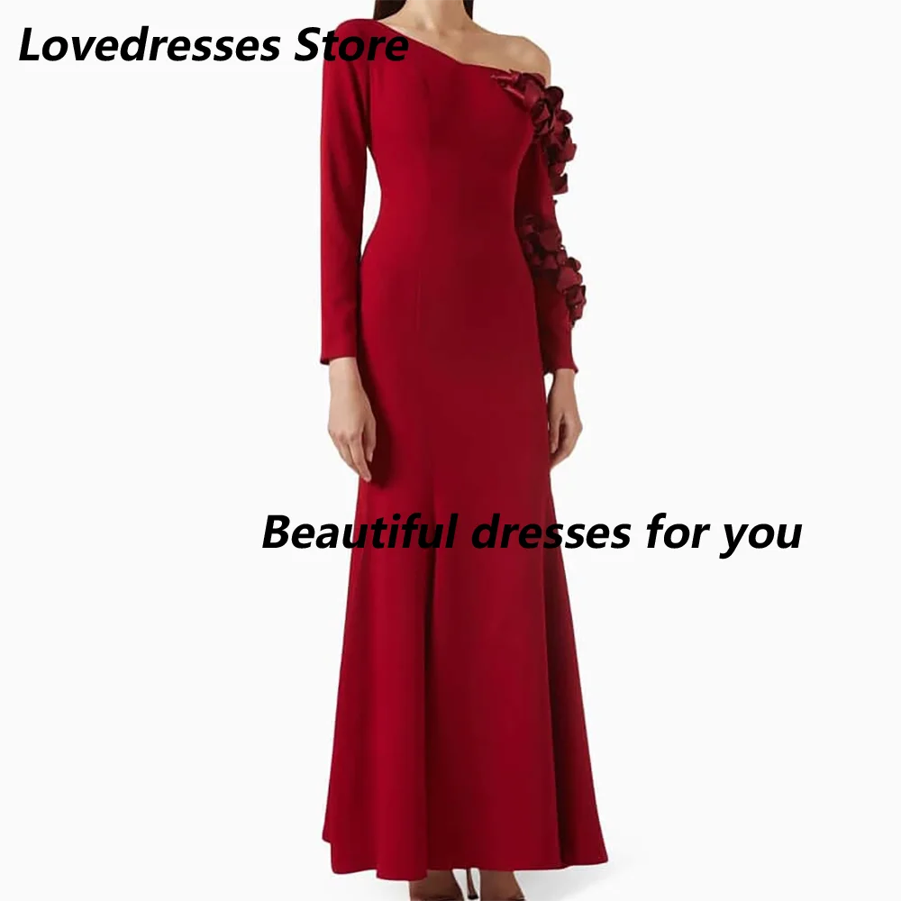 레드 머메이드 이브닝 드레스 맞춤형 우아한 오프 숄더 긴 소매 꽃 발목 길이 공식 댄스 파티 드레스 미디 드레스