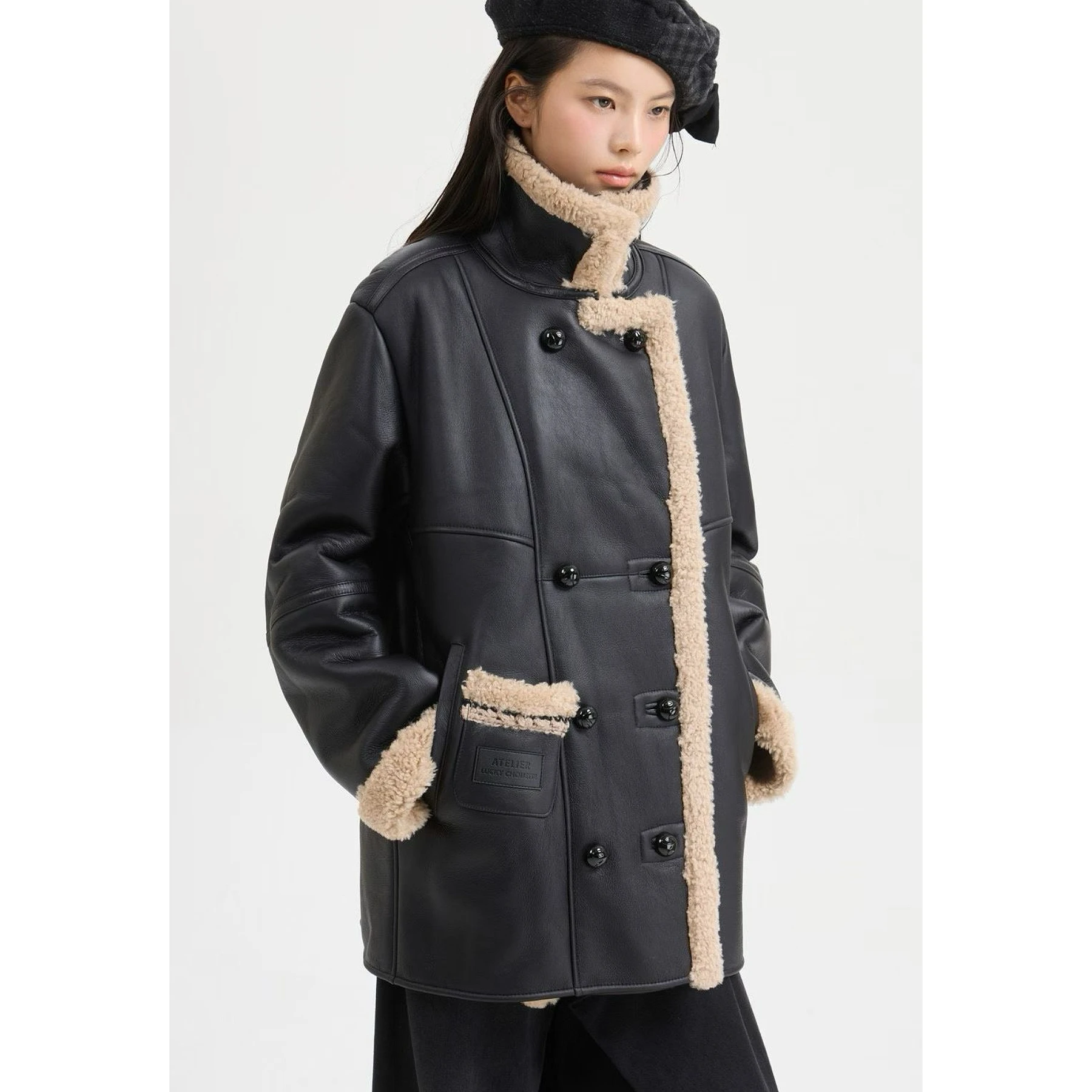 الليمون الجبن LUC25 الخريف Faion الوقوف طوق فو الفراء eepskin Thiened ملابس خارجية المرأة فضفاضة نسخة واسعة مزدوجة الصدر #2