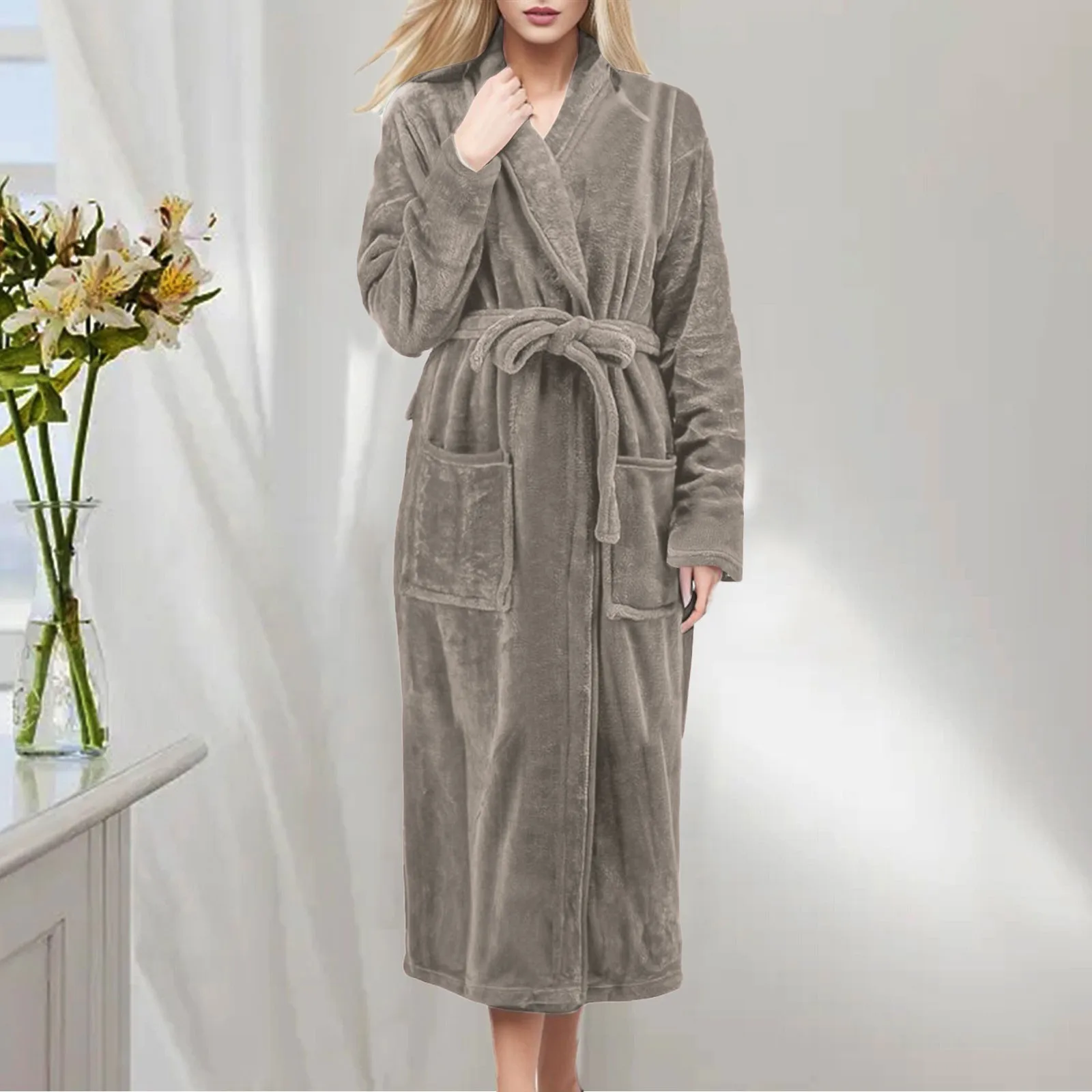 Women Winter Bathrobe Long Sleeve Warm Turn Down Collar Fluffy Bath Robe Women Solid Fleece Dressing Gown Winter Kimonos